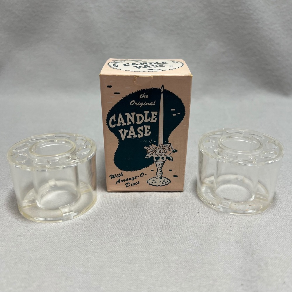 The Original Candle Vase Clear Lucite Plastic Floral Arrange-O-Disc 50s Vintage